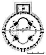 公元六世紀、建於拜占庭統治時的亞美尼亞的一座教堂平面圖，為一座Tetraconch建築，有四個半圓形後殿
