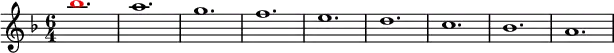 
\relative g'
{  
\time 6/4 
\key f \major
\override Voice.NoteHead.color = #(rgb-color 1 0 0)bes'1. \override Voice.NoteHead.color = #(rgb-color 0 0 0)a1. g1. f1. e1. d1. c1. bes1. a1.
} 
