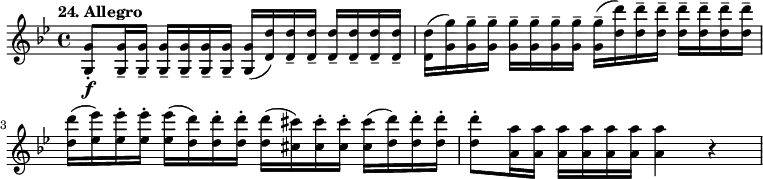 
%etude24
\relative g'
{  
\time 4/4 
\tempo "24. Allegro"
\key g \minor
<g, g'>8-. \f <g g'>16-- <g g'>-- <g g'>-- <g g'>-- <g g'>-- <g g'>-- <g g'> [(<d' d'>) <d d'>-- <d d'>--] <d d'>-- <d d'>-- <d d'>-- <d d'>--  | <d d'> [(<g g'>) <g g'>-- <g g'>--] <g g'>-- <g g'>-- <g g'>-- <g g'>-- <g g'>-- [(<d' d'>) <d d'>-- <d d'>--] <d d'>-- <d d'>-- <d d'>-- <d d'>-- | <d d'> [(<ees ees'>) <ees ees'>-. <ees ees'>-.] <ees ees'> [(<d d'>) <d d'>-. <d d'>-.] <d d'> [(<cis cis'>) <cis cis'>-. <cis cis'>-.] <cis cis'> [(<d d'>) <d d'>-. <d d'>-.] | <d d'>8-. <a a'>16 <a a'> <a a'> <a a'> <a a'> <a a'> <a a'>4 r4 |
}
