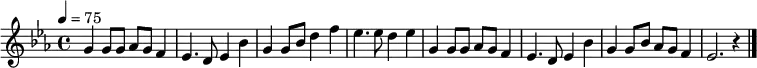 
\relative c' {
 \key c \minor
 \clef treble
 \tempo 4 = 75
 \time 4/4
 g'4 g8 g8 aes8 g8 f4| ees4. d8 ees4 bes'4|
 g4 g8 bes8 d4 f4| ees4. ees8 d4 ees4|
 g,4 g8 g8 aes8 g8 f4| ees4. d8 ees4 bes'4|
 g4 g8 bes8 aes8 g8 f4| ees2. r4 \bar "|."
}
\addlyrics {
 てぃ ん さ ぐ ー ぬ は ー な や
 ち み さ ち に す ー み てぃ
 う や ぬ ゆ ー し ぐ ー とぅ や
 ち む に す ー み り
}
\addlyrics {
 てぃ ん ぬ む ー り ぶ ー し や
 ゆ み ば ゆ ま り ー し か
 う や ぬ ゆ ー し ぐ ー とぅ や
 ゆ み や な ー ら ぬ
}
