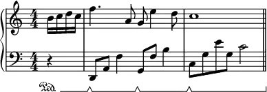 
{
	\new PianoStaff <<
		\new Staff \relative c'' {
			\clef treble
			\numericTimeSignature
			\partial 4
			b16 c d c
			f4. a,8 g e'4 d8
			c1
			\bar "||"
		}
		\new Staff \relative c {
			\clef bass
			\numericTimeSignature
			\partial 4
			\set Staff.pedalSustainStyle = #'mixed
			\set Score.tempoWholesPerMinute = #(ly:make-moment 114 4 0 0)
			r4\sustainOn
			\set Score.tempoWholesPerMinute = #(ly:make-moment 112 4 0 0)
			d,8\sustainOff\sustainOn a' f'4
			\set Score.tempoWholesPerMinute = #(ly:make-moment 108 4 0 0)
			g,8\sustainOff\sustainOn f' b4
			\set Score.tempoWholesPerMinute = #(ly:make-moment 104 4 0 0)
			c,8\sustainOff\sustainOn g'
			\set Score.tempoWholesPerMinute = #(ly:make-moment 100 4 0 0)
			e' g, c2
			\bar "||"
		}
	>>
}
