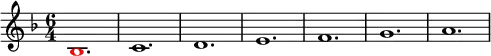 
\relative g'
{  
\time 6/4 
\key f \major
\override Voice.NoteHead.color = #(rgb-color 1 0 0)bes,1. \override Voice.NoteHead.color = #(rgb-color 0 0 0)c1. d1. e1. f1. g1. a1.
} 
