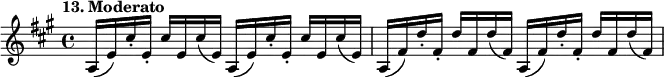 
%etude13
\relative a
{  
\time 4/4
\tempo "13. Moderato"
\key a \major
a16 (e') cis'-. e,-. cis' e, cis' (e,) a,16 (e') cis'-. e,-. cis' e, cis' (e,) | a, (fis') d'-. fis,-. d' fis, d' (fis,) a, (fis') d'-. fis,-. d' fis, d' (fis,) 
} 
