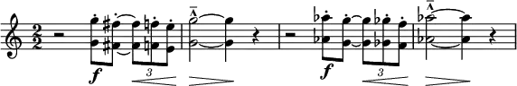 
\relative c'' {
 \numericTimeSignature
 \time 2/2
   r2 <g' g,>8-.\f[ <fis fis,>-.] ~ \tuplet 3/2 { <fis fis,>\< <f f,>-. <e e,>-. } | 
   <g g,>2-^--\> ~ <g g,>4\! r4 | 
   r2 <aes aes,>8-.\f[ <g g,>-.] ~ \tuplet 3/2 { <g g,>\< <ges ges,>-. <f f,>-. } |
   <aes aes,>2-^--\> ~ <aes aes,>4\! r4 | 
 }
