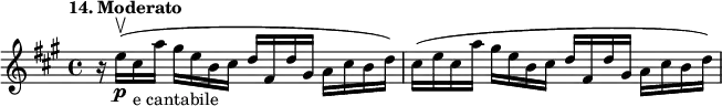 
%etude14
\relative e''
{  
\time 4/4
\tempo "14. Moderato"
\key a \major
r16 e16\upbow \p (cis-"e cantabile" a' gis e b cis d fis, d' gis, a cis b d ) |
cis (e16 cis a' gis e b cis d fis, d' gis, a cis b d )
}
