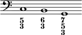 { \override Score.TimeSignature #'stencil = ##f \clef bass << { \cadenzaOn c1 b, g, } \figures { < 5 3 >1 < 6 3 > < 7 5 3 > } >> }