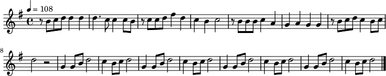 
\relative c' {
 \key e \minor
 \clef treble
 \tempo 4 = 108
 \time 4/4
 r8 b'8 c8 d8 d4 d4| d4. c8 c4 c8 b8|
 r8 c8 c8 d8 fis4 d4| c4 b4 c2| 
 r8 b8 b8 b8 c4 a4| g4 a4 g4 g4|
 r8 b8 c8 d8 c4 b8 c8| d2 r2| 
 g,4 g8 b8 d2| c4 b8 c8 d2| 
 g,4 g8 b8 d2| c4 b8 c8 d2| 
 g,4 g8 b8 d2| c4 b8 c8 d2| 
 g,4 g8 b8 d2| c4 b8 c8 d2\bar "|."
}
\addlyrics {
 あ か た す ん どぅ ー ん ち ー く が に どぅ る さ ぎ てぃ
 う り が あ か ー が り ば み る く う ん け ー 
 し や ー ぷ し や ー ぷ み み ん め み み ん め
 ひ じ ん と ひ じ ん と い ゆ ぬ み い ゆ ぬ み
}
