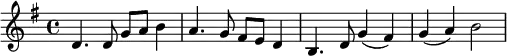 
\relative c'{
\key g \major
d4. d8 g a b4  a4. g8 fis e d4 b4. d8 g4 (fis4) g4 (a4) b2}
