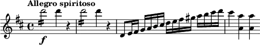 
\relative c''' {
 \tempo "Allegro spiritoso"
 \key d \major
 d2:16\f d4 r |
 d2:16 d4 r |
 d,,8 e16 fis g a b cis d e fis gis a b cis d |
 cis4 <a a,> q
}
