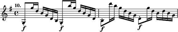 
%etude10
\relative g
{  
\time 4/4
\tempo "10."
\key g \major
g8-.\f g''16 d b g d b g8-.\f b''16 g d b g d | b8-.\f d''16 b g d b g d8-.\f g'16 d b d b g
} 
