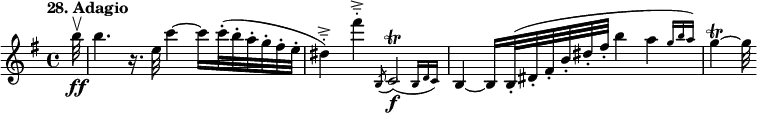 
%etude28
\relative e'
{  
\time 4/4 
\tempo "28. Adagio"
\key e \minor
\partial 32 b''32\ff\upbow | b4. r16. e,32 c'4~ c16 c32-. (b-. a-. g-. fis-. e-. dis4-_->) fis'-_->  \acciaccatura b,,,8 \afterGrace c2\f\trill ({b16 [d c)]} | b4~ b16 b32-. (dis-. fis-. b-. dis-. fis-. b4 \afterGrace a4 {g16 [b a)]} | g4~\trill g32

}
