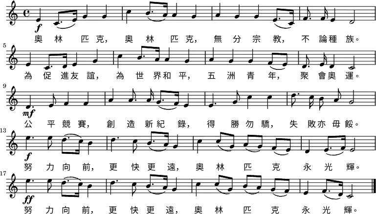 
  \relative c' {
    \key c \major \time 4/4 
    e\f c8.( e16) g4 g4 c4 b8.( a16) a4 g4
    a4 g4 g4 e8.( c16) f8. \noBeam f16 e4 d2 \bar "|" \break
    e4 c8. d16 e4 g4 c4 b8. a16 a4 g4
    a4 g4 g4 f8( e8) d8. \noBeam e16 d4 c2 \bar "|" \break
    d4.\mf e8 f4 f4 a4 a8. \noBeam a16 g8.( f16) e4
    e4. g8 c4 c4 d8. \noBeam c16 b8 \noBeam a8 g2 \bar "|" \break
    e'4.\f e8 d8.( c16) b4 d4. c8 b8.( a16) g4
    c4 c8[( g8]) a8[( g8]) f8[( e8]) d4 e8.( f16) e2 \bar "|" \break
    e'4.\ff e8 d8.( c16) b4 d4. c8 b8.( a16) g4
    c4 c8[( g8]) b8[( a8]) g8[( f8]) e4 f8.( d16) c2 \bar "|."
  }
    \addlyrics {
        奧 林 匹 克， 奧 林 匹 克， 無 分 宗 教， 不 論 種 族。
        為 促 進 友 誼， 為 世 界 和 平， 五 洲 青 年， 聚 會 奧 運。
        公 平 競 賽， 創 造 新 紀 錄， 得 勝 勿 驕， 失 敗 亦 毋 餒。
        努 力 向 前， 更 快 更 遠， 奧 林 匹 克 永 光 輝。
        努 力 向 前， 更 快 更 遠， 奧 林 匹 克 永 光 輝。
    }
