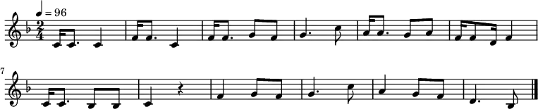 
\relative c' {
 \key d \minor
 \clef treble
 \tempo 4 = 96
 \time 2/4
 c16 c8. c4| f16 f8. c4| f16 f8. g8 f8| g4. c8|
 a16 a8. g8 a8| f16 f8 d16 f4| c16 c8. bes8 bes8| c4 r4|
 f4 g8 f8| g4. c8| a4 g8 f8| d4. bes8 \bar "|."
}
\addlyrics {
 つ き ぬ か い しゃ とぅ か み ー か ー
 み や ら び か い ー しゃ とぅ ー な な つ
 ほ ー ー い ー ちょ ー ー が ー
}
