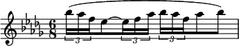 
\relative c' {
  \numericTimeSignature \key des \major \time 6/8
   \tuplet 3/2 {bes''16( aes f } ees8~ \tuplet 3/2 {ees16 f aes  }
   \tuplet 3/2 {bes16 aes f } aes8 bes)
   }
