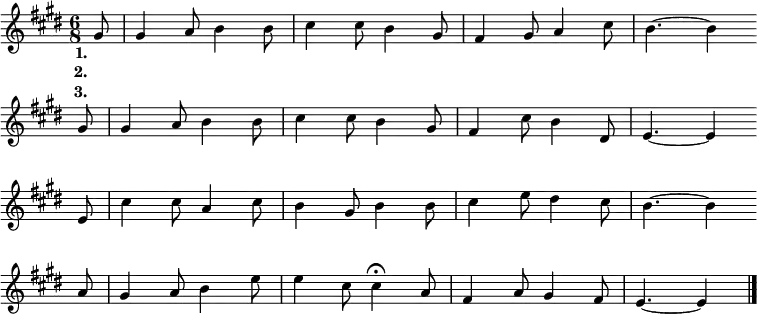 
\transpose c e \relative e' {
	\set Score.tempoHideNote = ##t
	\key c \major
	\time 6/8
	\tempo 8 = 120
	\partial 8
	e8 | e4 f8 g4 g8 | a4 a8 g4 e8 | d4 e8 f4 a8 | g4. ~ g4 \bar "" \break
	e8 | e4 f8 g4 g8 | a4 a8 g4 e8 | d4 a'8 g4 b,8 | c4. ~ c4 \bar "" \break
	c8 | a'4 a8 f4 a8 | g4 e8 g4 g8 | a4 c8 b4 a8 | g4. ~ g4 \bar "" \break
	f8 | e4 f8 g4 c8 | c4 a8 \tempo 8 = 48 a4\fermata \tempo 8 = 120 f8 | d4 f8 e4 d8 | \partial 8*5 c4. ~ c4 \bar "|."
}
\addlyrics {
	\set stanza = "1."
	あ お げ ば と う と し わ が し の お ん
	お し え の に わ に も は や い く と せ
	お も え ば い と と し こ の と し つ き
	い ま こ そ わ か れ め い ざ さ ら ー ば
}
\addlyrics {
	\set stanza = "2."
	た が い に む つ み し ひ ご ろ の お ん
	わ か る る の ち に も や よ わ す る な
	み を た て な を あ げ や よ は げ め よ
}
\addlyrics {
	\set stanza = "3."
	あ さ ゆ う な れ に し ま な び の ま ど
	ほ た る の と も し び つ む し ら ゆ き
	わ す る る ま ぞ な き ゆ く と し つ き
}
