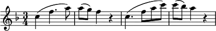 \new Score {
  \new Staff = "clarinet" {
    \relative c'' {
      \set Staff.midiInstrument = #"clarinet"
      \clef treble
     \key f \major
      \time 3/4
      c4( f4. a8) | a8( g) f4 r | c4.( f8 a c) | c8( bes) a4 r 
|    }
  }
}