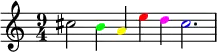 
\relative a'
{  
\time 9/4 
cis2 \override Voice.NoteHead.color = #(rgb-color 0 1 0)b4 \override Voice.NoteHead.color = #(rgb-color 1 1 0)a4 \override Voice.NoteHead.color = #(rgb-color 1 0 0)e'4 \override Voice.NoteHead.color = #(rgb-color 1 0 1)d4 \override Voice.NoteHead.color = #(rgb-color 0 0 1)cis2.
}
