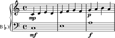 
\new GrandStaff <<
  \new Staff = "violin" {
 {
      \set Staff.midiInstrument = #"violin"
      % not strictly necessary, but a good reminder
      \transposition c'
      \key c \major 
       c'\mp d' e' d' e' f' g' f' g'\p a' b' a'
    }
  }
  \new Staff = "clarinet" {
\clef bass
      \relative c'' {
      \set Staff.instrumentName = \markup { Cl (B\flat) }
      \set Staff.midiInstrument = #"clarinet"
      \transposition bes
      \key c \major
      c,,1 \mf e1 a1\f
    }
  }
>>
