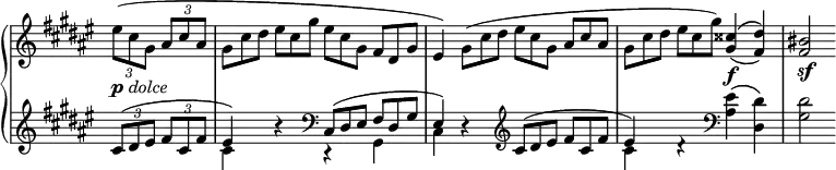 
 \relative c' {
  \new PianoStaff <<
   \new Staff \with { \remove "Time_signature_engraver" } { \key fis \major \time 4/4 \partial 2
    \times 2/3 { eis'8(_\markup { \dynamic p \italic dolce } cis gis } \times 2/3 { ais cis ais } gis8*2/3[ cis dis] eis[ cis gis'] eis[ cis gis] fis[ dis gis] eis4)
    gis8*2/3([ cis dis] eis[ cis gis] ais[ cis ais] gis[ cis dis] eis[ cis gis']) <cisis, gis>4\f( ^\( <dis fis,>) \) <bis fis>2\sf
   }
   \new Staff \with { \remove "Time_signature_engraver" } { \key fis \major \time 4/4 
    <<
     {
      \times 2/3 { cis,8( dis eis } \times 2/3 { fis cis fis } eis4) b'\rest \clef bass cis,,8*2/3( dis eis fis dis gis eis4) d\rest
      \clef treble cis'8*2/3( dis eis fis cis fis eis4) d\rest \clef bass
     }
    \\
     { s2 cis4 s4 r4 gis, cis s2. cis'4 s4 <eis ais,>^\( <dis dis,>\) <dis gis,>2 }
    >>
   }
  >>
 }
