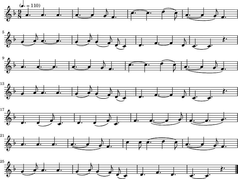 
\relative c' { \key f \major \time 9/8 \tempo "" 4. = 110 \set Staff.midiInstrument = #"violin"
a'4. a4. a4. | a4. ~ a4 g8 f4. | c'4. ~ c4. d4 ( c8 ) | a4. ~ ( a4 g8 ) f4. |\break
g4 (a8) a4. ~ a4. | g4 ( a8 ) g4 ( f8 ) d8  ( c4 ) | d4. f4. ~ f4 d8 | c4. ~ c4. r4. |\break
a'4. a4. ~ a4. | a4. ~ a4 g8 f4. | c'4. ~ c4. d4 ( c8 ) | a4. ~ ( a4 g8 f4. ) |\break
g4 a8 a4. a4. | g4 ( a8 ) g4 ( f8 ) d8  ( c4 ) | d4. f4. ~ f4 d8 | c4. ~ c4. r4. |\break
d4. d4 ( f8 ) c4. | d4. d4 ( f8 ) c4. | f4. f4. ~ ( f4 g8 ) | f4. ~ ( f4. g4. ) |\break
a4. a4. a4. | a4. ~ ( a4 g8 ) f4. | c'4 c8 c4. ( d4 c8 ) | a4. ~ ( a4 g8 ) f4. |\break
g4 (a8) a4. a4. | g4 ( a8 ) g4 ( f8 ) d8  ( c4 ) | d4. f4. d4. | c4. ~ c4. r4.| \bar "|."}
\addlyrics {
도 라 지 도 라 지 백 도 라 지
심 심 산 천 에 백 도 라 지
한 두 뿌 리 만 캐 어 도
대 바 구 니 철 철 철 다 넘 는 다
에 헤 요 에 헤 요 에 헤 요
에 야 라 난 다 지 화 자 좋 다
얼 씨 구 좋 구 나 내 사 랑 아
}
