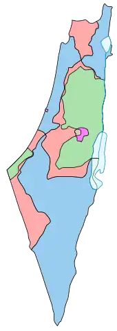 Map comparing the borders of the 1947 partition plan and the armistice of 1949.