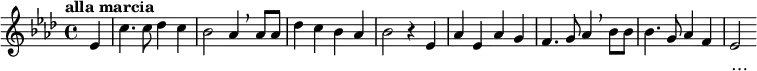 
    \transpose c aes \relative c'
    { \key c \major \time 4/4 \tempo "alla marcia"  \dynamicUp   \partial 4  g4 |  e'4. e8 f4 e | d2 c4 \breathe c8 c | f4 e d c | d2 r4 g, |
      c4 g c b |  a4. b8 c4 \breathe d8 d | d4. b8 c4 a | g2 
    }
    \addlyrics {
      復 旦 復 旦 旦 復 旦
      巍 巍 學 府 文 章 煥
      學 術 獨 立 思 想 自 由
      政 羅 教 網 無 羈 絆…
}
