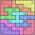 A Sudoku puzzle grid with many colours, with nine rows and nine columns that intersect at square spaces. Some of the spaces are filled with one number each; others are blank spaces for a solver to fill with a number.