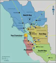 A map demarcating the boundaries of the nine-county Bay Area and the five subregions within.