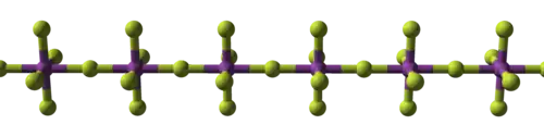 Straight chain of alternating balls, violet and yellow, with violet ones also linked to four more yellow perpendicularly to the chain and each other