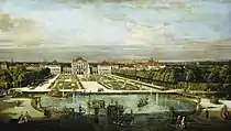 貝納多·貝洛托的《慕尼黑的寧芬堡宮》（Nymphenburg Palace, Munich），68.4 × 119.8cm，約作於1761年，來自山繆·亨利·卡瑞斯的收藏。