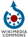 Central filled red circle, surrounded by a blue circular outline with a gap an an arrow leading up, plus seven smaller arrows pointing inward to the red circle. Below are the words "WIKIMEDIA COMMONS".