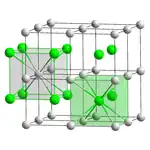 27 small grey spheres in 3 evenly spaced layers of nine. 8 spheres form a regular cube and 8 of those cubes form a larger cube. The grey spheres represent the caesium atoms. The center of each small cube is occupied by a small green sphere representing a chlorine atom. Thus, every chlorine is in the middle of a cube formed by caesium atoms and every caesium is in the middle of a cube formed by chlorine.