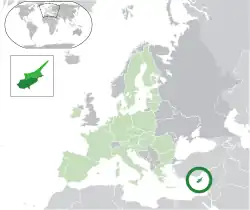 賽普勒斯的位置（深綠色）– 歐洲（綠色及深灰色）– 歐洲聯盟（綠色）  —  [圖例放大]