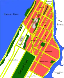 A map of Upper Manhattan with pink sections for Harlem