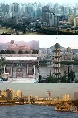 兰州风光（从上依顺时针方向开始）：兰州市景、州坊清真寺、流经市区的黄河、至公堂、黄河母亲雕像