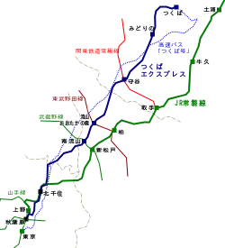 筑波快線與周邊鐵路、巴士路線的线路图