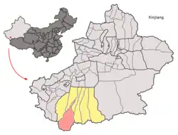 和田县（红色）在和田地区（黄色）和新疆的地理位置