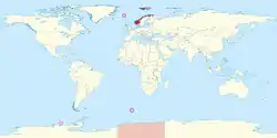 挪威王国及其海外组成部分和领地：斯瓦尔巴、扬马延、布韦岛、彼得一世岛和毛德皇后地