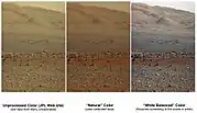 Comparison of color versions (raw, natural, white balance) of Aeolis Mons on Mars (August 23, 2012).