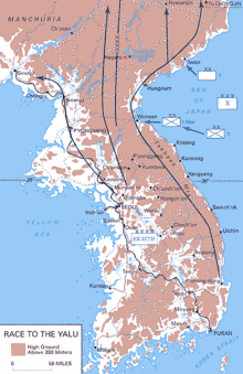 美军由南向北行进的半岛地图