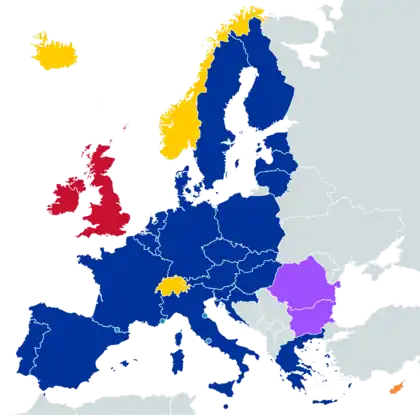 labelled map of Europe showing Schengen Area