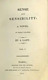 Title page, indicating an anonymous author. "Sense and Sensibilty: A novel. In three volumes. By a Lady. Vol.1. London: Printed for the author, by C. Roworth, Bell-yard, Temole-bar, and publiched by T. Egerton, Whitehall, 1811."