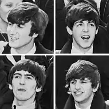 A square quartered into four head shots of young men with moptop haircuts. All four wear white shirts and dark coats.