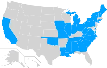 States (highlighted in blue) that have changed their capital city at least once