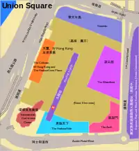 Union Square週邊位置圖，圖中的橙色部份就是天璽及香港W酒店。