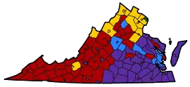 Virginia counties colored either red, blue, yellow, green, or purple based on the populations most common ancestry. The south-east is predominately purple for African American, while the west is mostly red for American. The north has yellow for German, with two small areas green for Irish. Yellow is also found in spots in the west. A strip in the middle is blue for English.