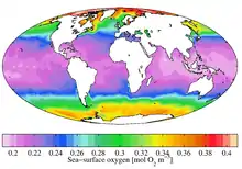 Annual mean dissolved oxygen levels at the sea surface from World Ocean Atlas 2009.