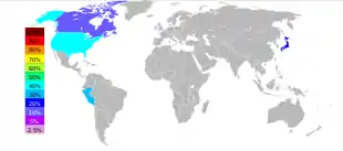 Grey and white world map with four countries colored to show the percentage of worldwide tellurium production. US to produce 40%; Peru 30%; Japan 20% and Canada 10%.